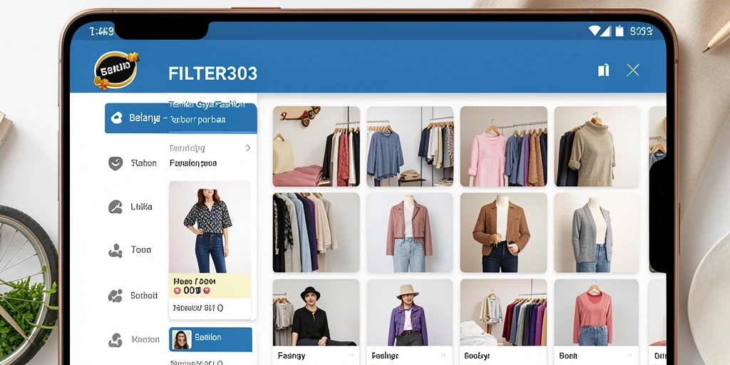 Tampilan antarmuka aplikasi FILTER303 dengan pilihan mode fashion.