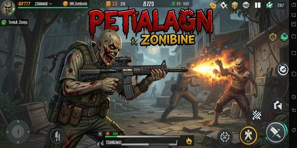 Antarmuka GF777 menampilkan aksi menembak zombie yang intens.